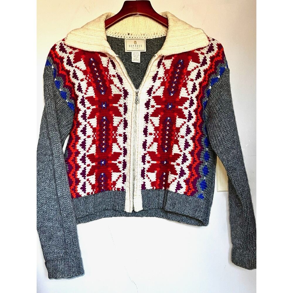 VINTAGE EXPRESS TRICOT ZIP CARDIGAN SWEATER GRAY MULTI NORDIC KNIT WOOL S SMALL
